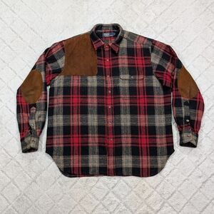Polo Ralph Lauren Shirt Mens L Black Red Plaid Wool Hunting Shooting Leather